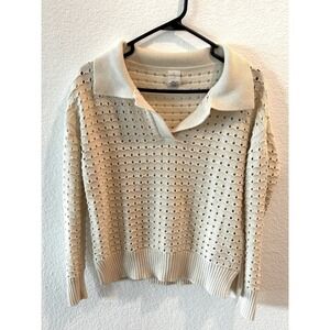 Joie Oversized Cream Open Knit Split Neckline Polo Collar Pullover Sweater Small